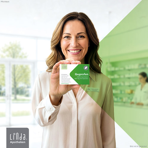 Eine Frau h&auml;lt l&auml;chelnd eine Packung Ibuprofen LINDA Apotheken 400mg in die Kamera. Bild mit KI generiert.