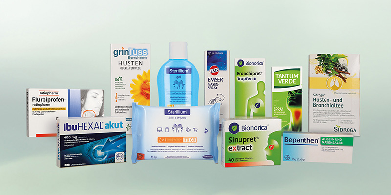 Verschiedene Packshots von Medikamenten zur Verwendung in der Erk&auml;ltungszeit.
