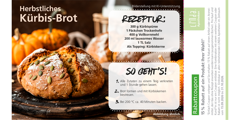 Herbstliches K&uuml;rbisbrot mit K&uuml;rbiskernen und Rezeptangaben und einem Rabattcoupon.