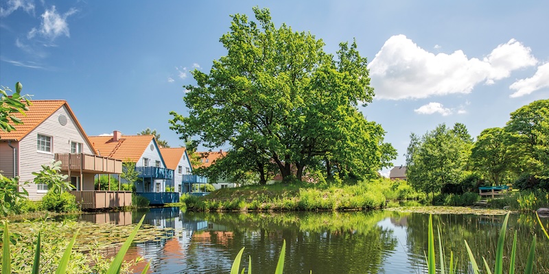Sommerliche Ferienanlage mit Teich und gr&uuml;nen B&auml;umen bei Sonnenschein mit dem Titel &ldquo;LINDA Gewinnspiel - Traumurlaub f&uuml;r die ganze Familie&rdquo; undem Logo der LINDA Apotheken und BEECH Resort Fleesensee.
