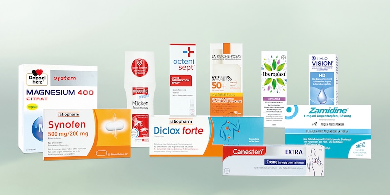 Abbildung verschiedener Produkte f&uuml;r die Reiseapotheke begleitend zur Sommerkampagne 2026