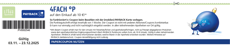 Payback-Coupon mit der Aufschrift 4-fach Punkte auf den Einkauf vom 3. November bis 23. Dezember 2025. Links befindet sich ein Barcode, rechts eine blaue Payback-Kugel mit Weihnachtsmütze.