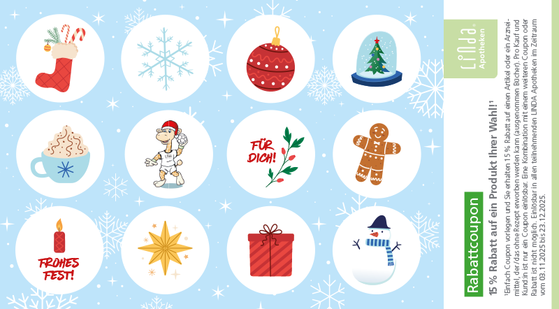 Die Illustration zeigt die Themenkarte Weihnachten der LINDA Apotheken mit zwölf weihnachtlichen runden Motiven. An der rechten Seite befindet sich ein Rabatcoupon zum Abtrennen mit 15 Prozent Rabatt.